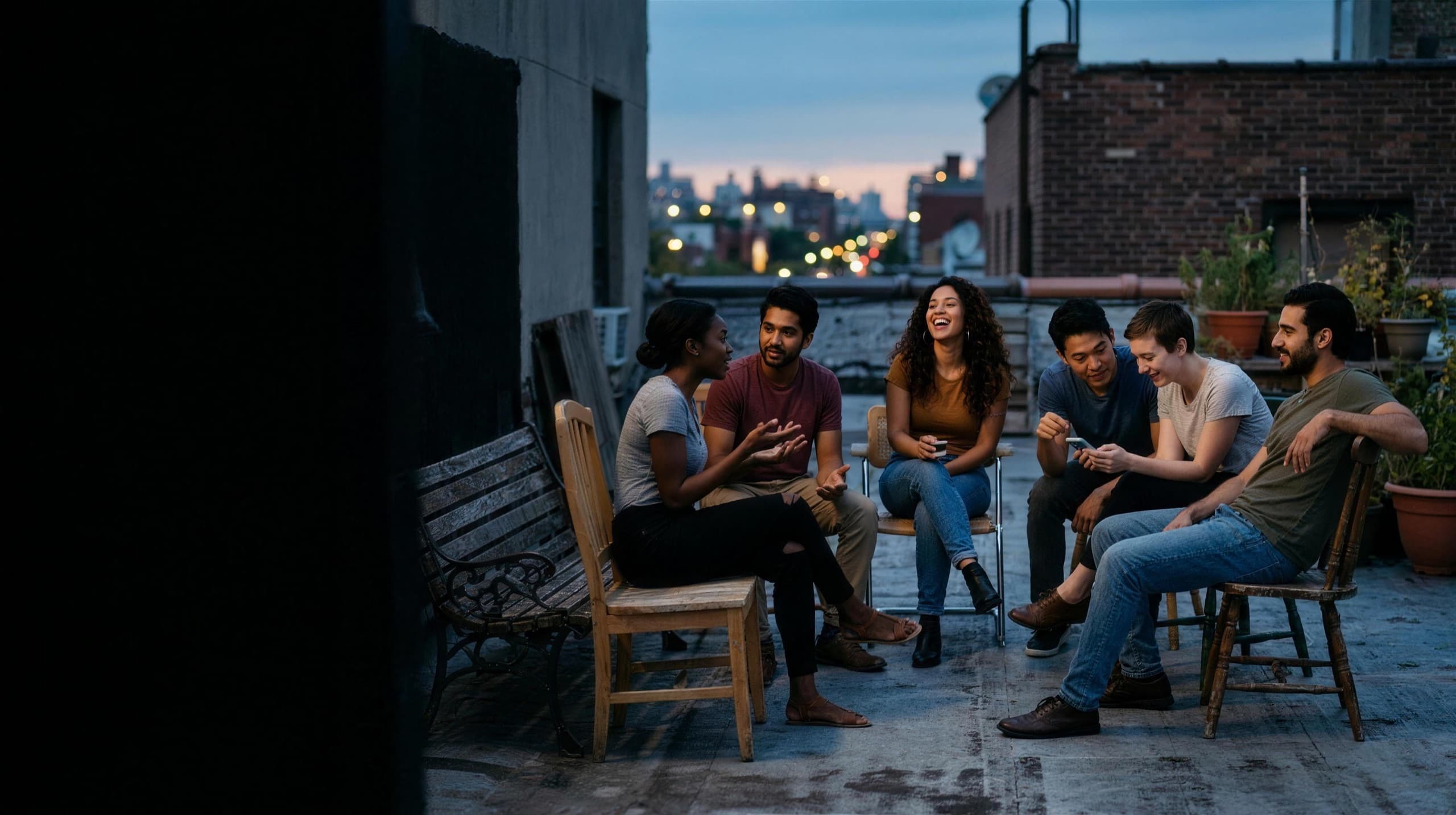 Friends gathered on a city rooftop at dusk
